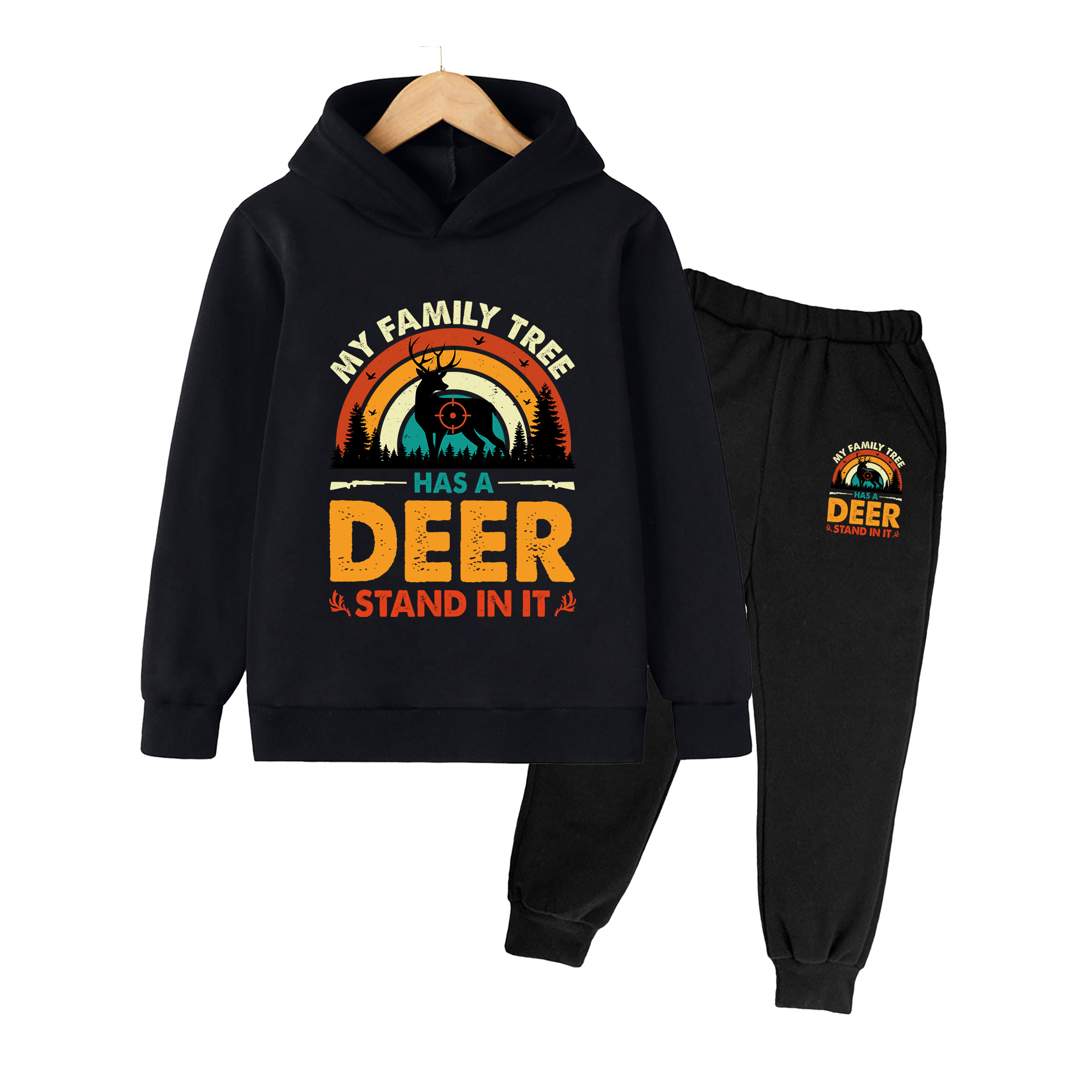 Outdoor Hunting Outfit - ชุดเสื้อฮู้ดและกางเกงวอร์มสำหรับเด็ก, ชุดลายพิมพ์ล่าสัตว์สไตล์เรโทรสำหรับเด็กชายและเด็กหญิง, ชุดลำลองสำหรับกิจกรรมกลางแจ้ง