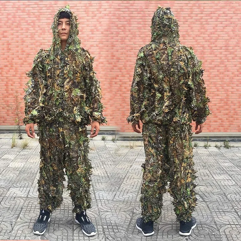 Camouflage Hunting Jacket - ผู้ชายผู้หญิงเด็กกลางแจ้ง Ghillie สูทเสื้อผ้าพรางชุดป่า CS การฝึกอบรมใบเสื้อผ้าชุดล่าสัตว์กางเกง Hooded